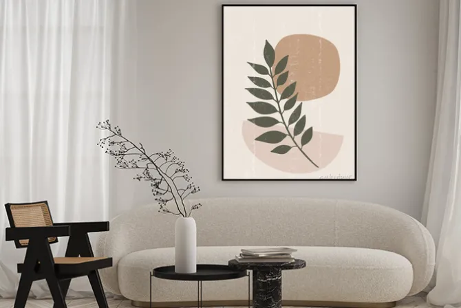 Plakat: Minimalistyczna grafika boho z liściem