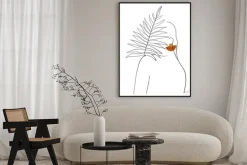 Plakat: Minimalistyczna sylwetka z liściem i pomarańczową plamą