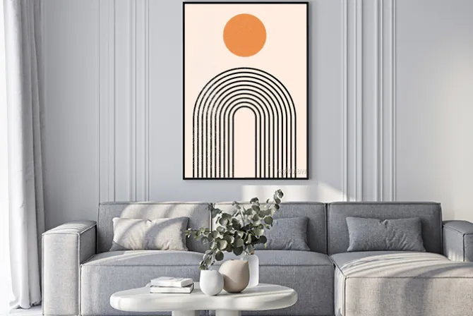 Plakat: Minimalistyczny deseń z łukiem z linii i kołem