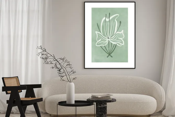 Plakat: Minimalistyczny kwiat na zielonym tle
