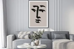 Plakat: Minimalistyczny szkic twarzy z wyrazem na szarym tle