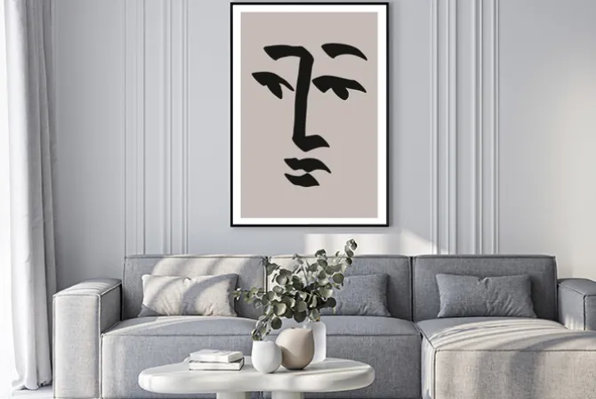 Plakat: Minimalistyczny szkic twarzy z wyrazem na szarym tle