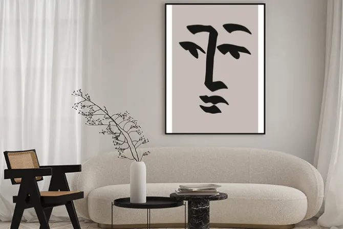 Plakat: Minimalistyczny szkic twarzy z wyrazem na szarym tle