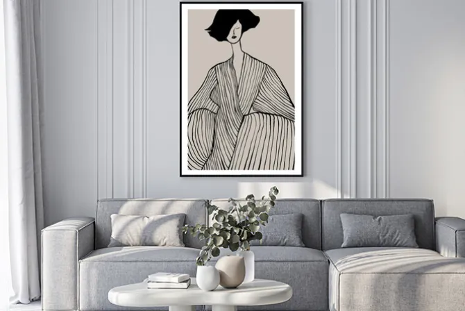 Plakat: Minimalistyczny szkic eleganckiej kobiety na jasnym tle