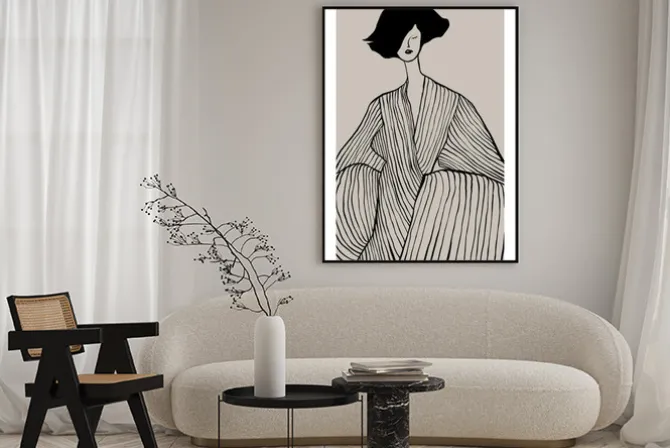 Plakat: Minimalistyczny szkic eleganckiej kobiety na jasnym tle