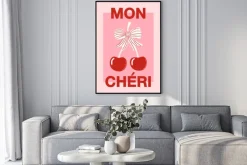 Plakat: Mon chéri wiśnie kokardka retro styl