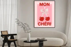 Plakat: Mon chéri wiśnie kokardka retro styl