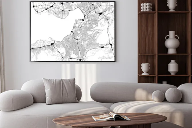 Plakat: Monochromatyczna mapa miasta z siecią drogową izmiru