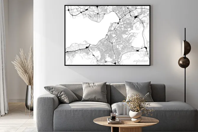 Plakat: Monochromatyczna mapa miasta z siecią drogową izmiru