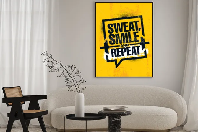 Plakat: Motywacyjny cytat na siłownię na żółtym tle