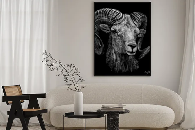 Plakat: Mountain sheep. artistic, monochrome, black and white, hand-drawn