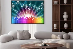 Plakat: Muzyka w tle tęczy środki melody śpiew i fale dźwiękowe.