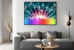 Plakat: Muzyka w tle tęczy środki melody śpiew i fale dźwiękowe.