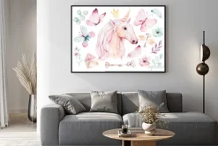 Plakat: Na białym tle ładny akwarela jednorożca clipart z kwiatami. ilustracja