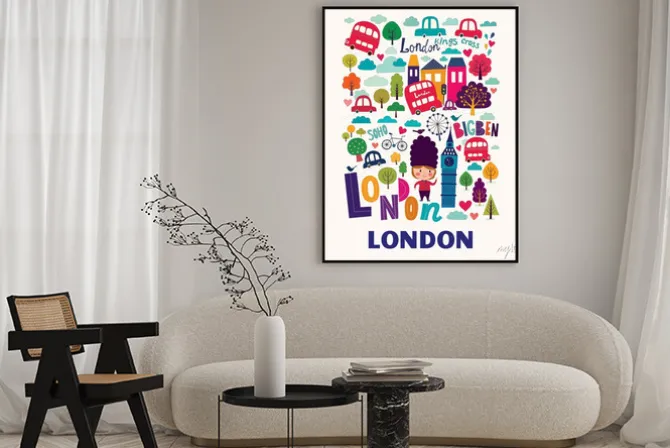 Plakat: Napis londyn i symbole w stylu ilustrowanym