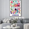 Plakat: Napis londyn z kolorowymi symbolami miasta