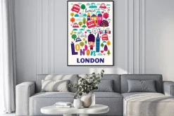 Plakat: Napis londyn z kolorowymi symbolami miasta