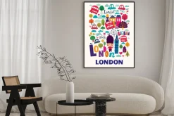 Plakat: Napis londyn z kolorowymi symbolami miasta