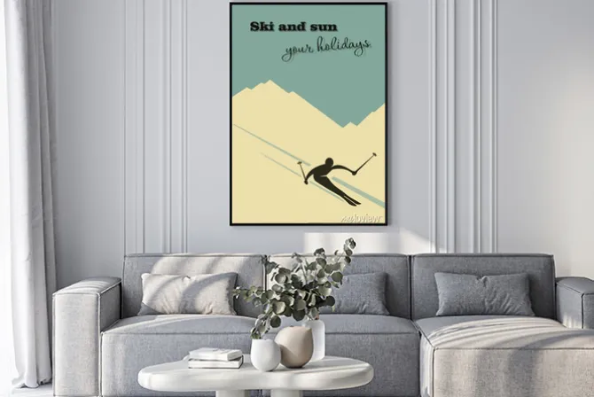 Plakat: Narciarz na stoku w stylu plakatu retro