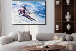 Plakat: Narciarz zsuwa się z góry. obraz utworzony za pomocą akwarel.