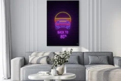 Plakat: Neon car sign. glowing retro sport car icon on dark brick wall