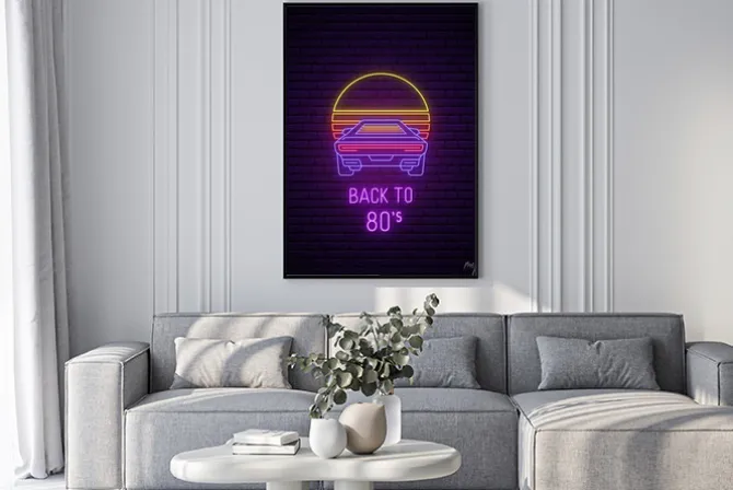 Plakat: Neon car sign. glowing retro sport car icon on dark brick wall