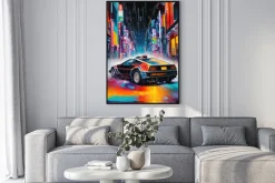 Plakat: Neonowe miasto z autem w stylu retro