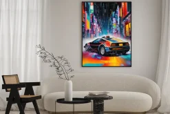 Plakat: Neonowe miasto z autem w stylu retro