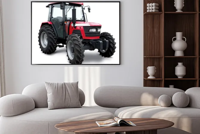 Plakat: New red tractor isolated on white background