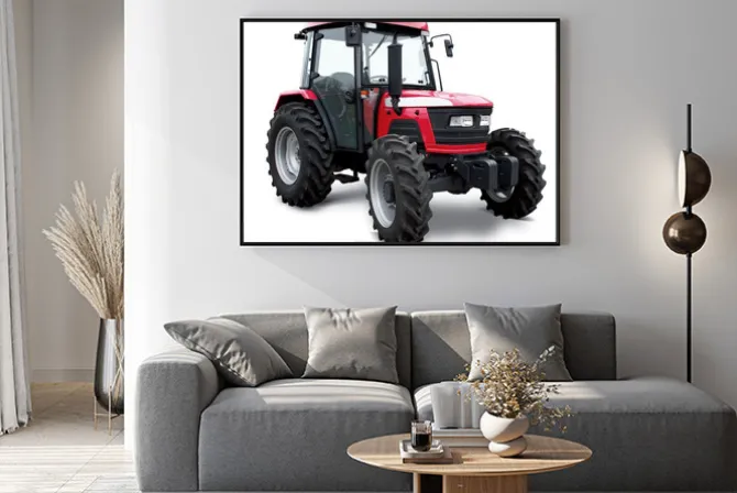 Plakat: New red tractor isolated on white background