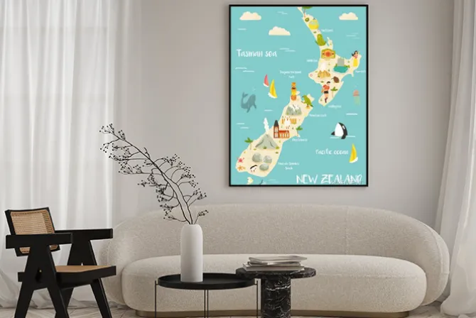 Plakat: New zealand illustrated map with bright icons