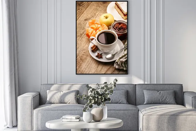 Plakat: Śniadanie z kawą i owoców