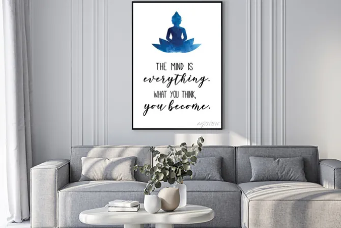 Plakat: Niebieski budda w kwiecie lotosu z inspirującym napisem