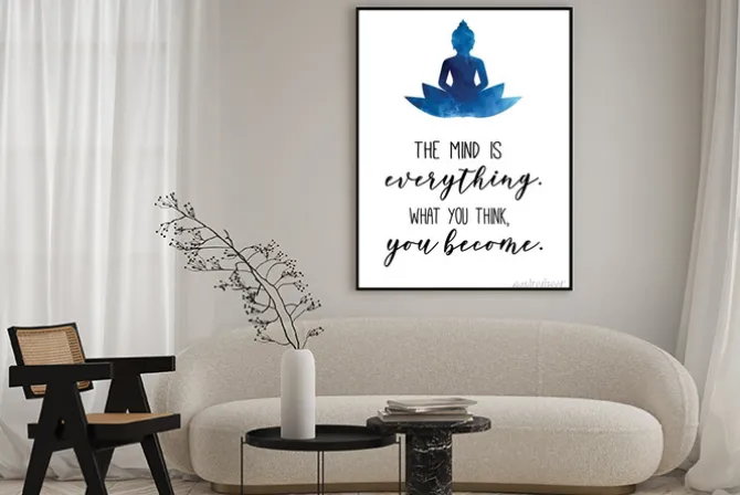 Plakat: Niebieski budda w kwiecie lotosu z inspirującym napisem