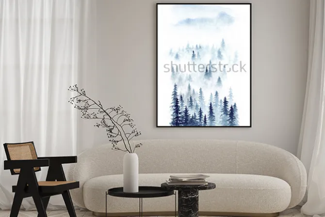 Plakat: Niebieski las na tle gór akwarela