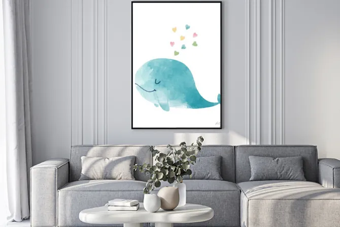 Plakat: Niebieski wieloryb z kolorowymi serduszkami