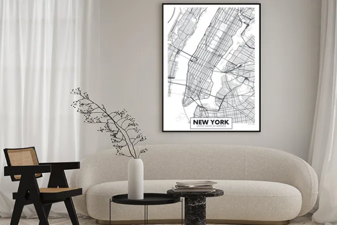 Plakat: Nowy jork czarno-biała mapa miasta