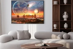 Plakat: Obce planety na tle ziemi