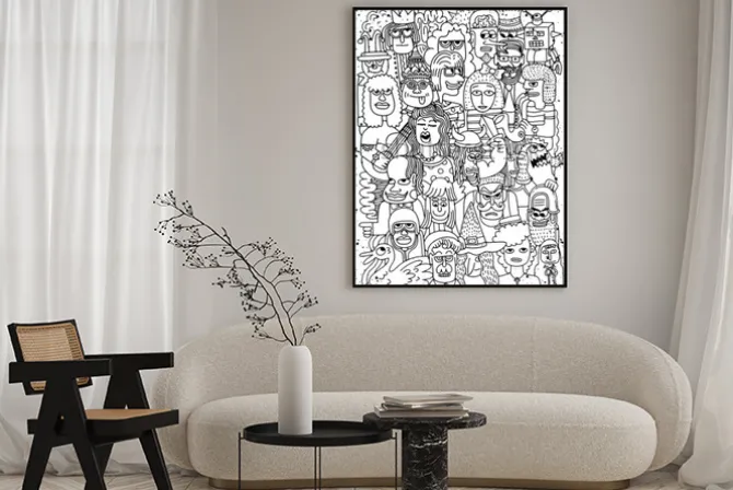 Plakat: Obejmuje ilustrację kreskówek twarze tłoczą się doodle pociągany