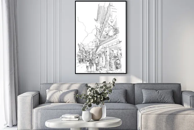 Plakat: Odręcznego szkicu chińskich budynków i ulicy miasta