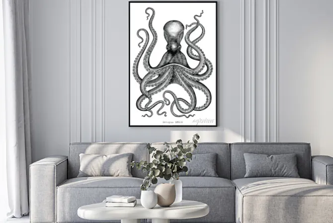 Plakat: Ośmiornica strony rysunku rocznika grawerowanie ilustracji na