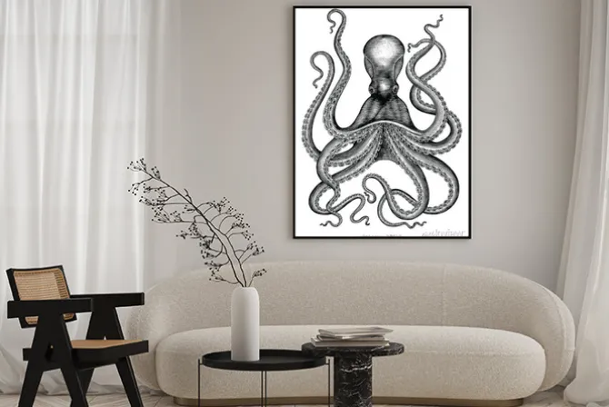 Plakat: Ośmiornica strony rysunku rocznika grawerowanie ilustracji na