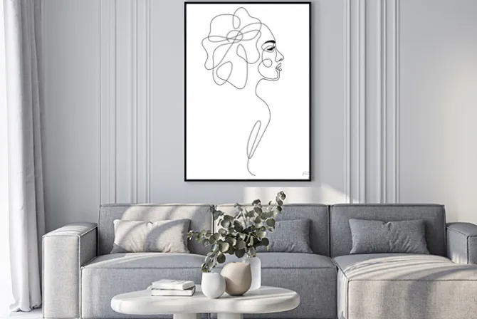 Plakat: One line drawing abstract woman face with flower in her hair.