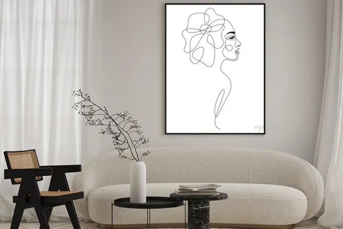Plakat: One line drawing abstract woman face with flower in her hair.