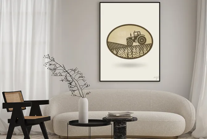 Plakat: Owalna etykieta z krajobrazu. traktor w polu