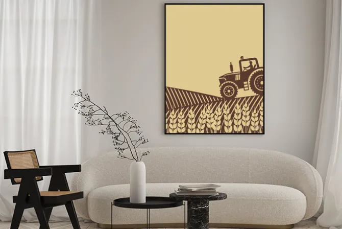 Plakat: Owalna etykieta z krajobrazu. traktor w polu