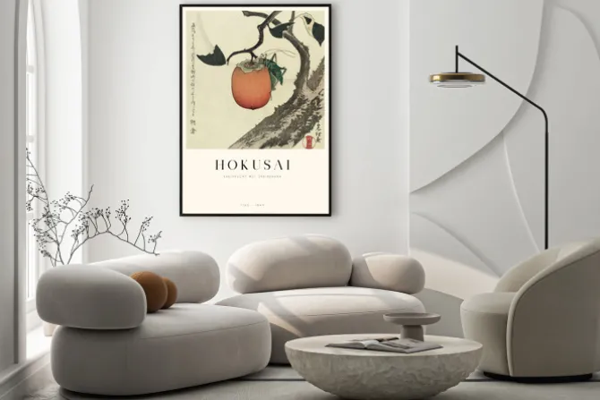 Plakat: Owoc kaki z konikiem polnym reprodukcja hokusai