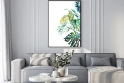 Plakat: Palma liście bananowca rośliny monstera i papuga