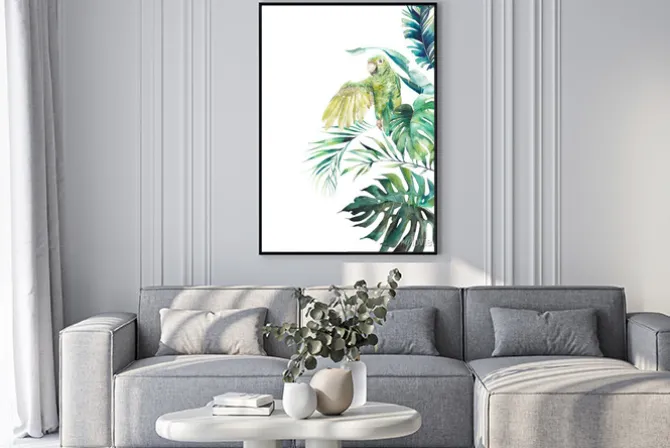 Plakat: Palma liście bananowca rośliny monstera i papuga