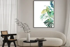 Plakat: Palma liście bananowca rośliny monstera i papuga
